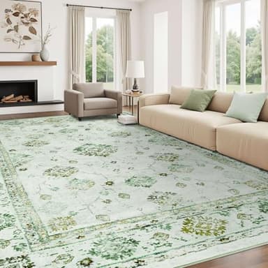 FinRèc 6x9 Rugs for Living Room, Washable Vintage Floral Bedroom Rug, Non-Slip Low Pile Area Rug, Ultra-Thin Foldable Accent Indoor Carpet for Kitchen Dining Room Kids Room Home Office - Green - Image 1