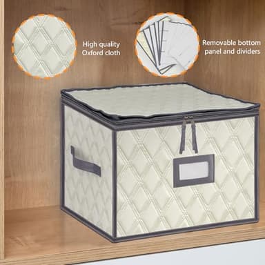 VERONLY Christmas Stemware Storage Cases with Dividers- Holds 12 Wine Glass Storage or Crystal Glassware Containers, China Storage Containers with 2 Handles and Label Window -Set of 1 Beige - Image 5