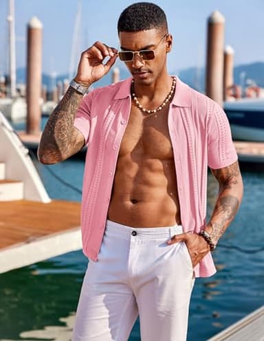 COOFANDY Men's Short Sleeve Shirts Knit Button Down Polo Shirt Casual Summer Beach Tops Light Pink - Image 2