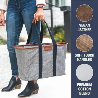 CleverMade Collapsible LUXE Tote - Gray Black 1 Pack 30L / 8Gal - Reusable Utility Grocery Shopping Storage Bag Organizer w/ Handles Reinforced Bottom - Image 3