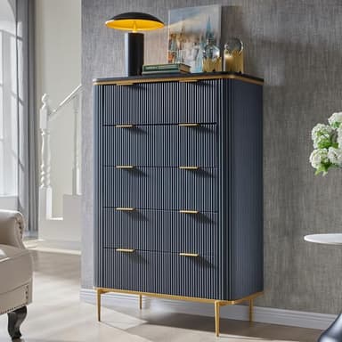T4TREAM Fluted 5 Drawers Dresser for Bedroom, 48" Tall Modern Dresser Chest of Drawers, Gold Accents, Fluted Fronts, Wood Storage Dressers Organizer for Bedroom, Living Room, Dark Grey - Image 3