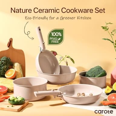 CAROTE Ceramic Cookware Sets, Pots and Pans Set Non Stick Non Toxic, Induction Cookware, Kitchen Cookware Sets, Pots Set for Healthy Coooking 19Pcs, Taupe - Image 3