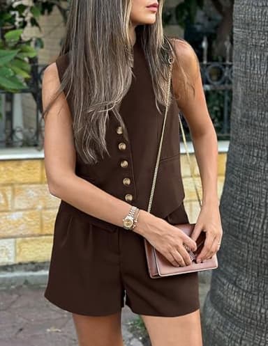 PRETTYGARDEN Women's Summer 2 Piece Outfits Sleeveless Matching Sets Button Down V Neck Vest Waistcoat and Pockets Shorts (Dark Coffee,Small) - Image 6