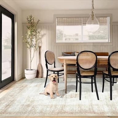 Vintage Living Room Area Rug - 6x9 Large Machine Washable Boho Moroccan Distressed Farmhouse Rugs for Bedroom - Soft Non-Slip Indoor Floor Accent Rugs for Office Dining Room (Beige, 6' x 9') - Image 3