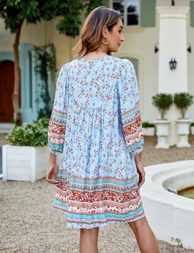 Bluetime Women Casual Summer Dress Boho V Neck 3/4 Sleeve Babydoll Floral Print Flowy Beach Dress (S, Light Blue) - Image 5