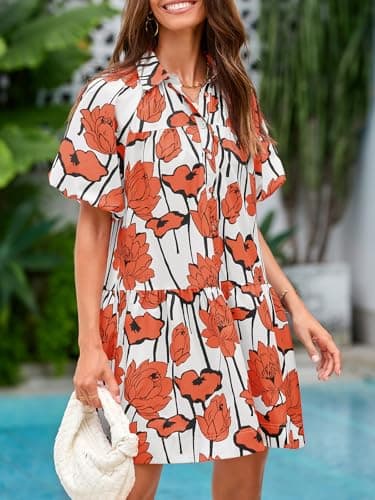 Wenrine Women's Summer Button Down Shirt Dress Floral Puff Short Sleeve Casual Loose Fit Beach Mini Dresses Orange - Image 4