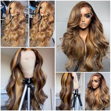 QUANDIAN 30 Inch 13x6 Body Wave Highlight Ombre Lace Front Wig Human Hair 13x6 HD Lace Front Wigs Human Hair 180% Density P4/27 Colored Wigs Honey Blonde Glueless Wigs Human Hair Pre Plucked Pre Cut - Image 2