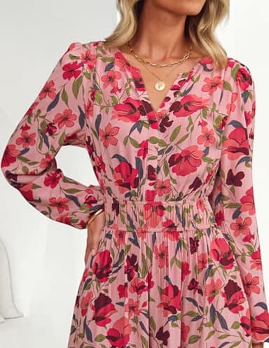 ZESICA Women's 2025 Fall Long Sleeve Maxi Dress Floral Print V Neck Empire Waist A Line Tiered Flowy Boho Party Dresses Vintage Pink Medium - Image 5