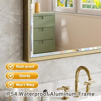 QueenFun Gold Bathroom Mirror, 24x32 Brushed Gold Bathroom Mirror Beveled Edge, Gold Framed Rectangle Bathroom Vanity Mirror, Anti-Rust Brushed Brass Metal Frame Wall Mirror Vertical/Horizontal - Image 4