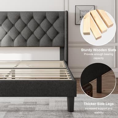 Feonase Queen Size Bed Frame with Diamond Tufted Wingback Headboard, Morden Upholstered Platform Bed, Sturdy Wooden Slats Support, Noise-Free, No Box Spring Needed, Easy Assembly, Dark Gray - Image 5