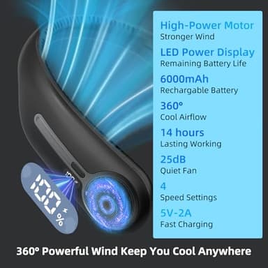 Portable Neck Fan,Hands Free Personal Wearable Bladeless Fan,6000mAh USB Rechargeable,360° Cooling,LED Display,4-Speeds,Birthday Gifts for Men Women Dad Mom,Outdoor Indoor Travel Camping (Black) - Image 3