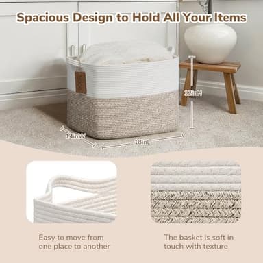Goodpick Woven Storage Baskets for Organizing, Blanket Basket Living Room, Rope Baskets for Storage, Rectangle Toy Basket With Handles, Brown and White, 18 x 14 x 12 Inches - Image 3