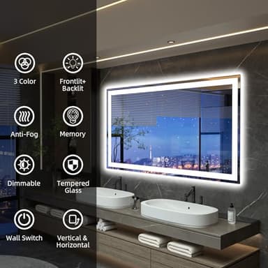miskerm 60"x 36" LED Bathroom Mirror, Double Lighting Sources Dimmable, Backlit + Front Lit, Anti-Fog, Stepless Dimmable, Lighted Bathroom Vanity Mirror for Wall Tempered Glass (Horizontal/Vertical) - Image 2