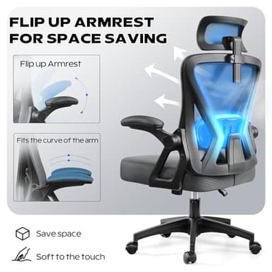 Ergonomic Office Chair, Home Office Desk Chair with Headrest, High Back Mesh Chair with Flip-up Armrests, Comfy Desk Chair with Lumbar Support, Rolling Swivel Task Chair for Office - Image 2