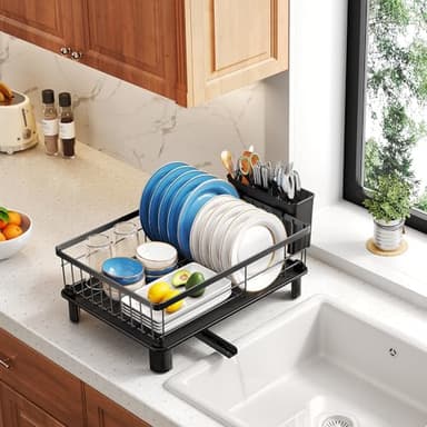 Dish Drying Rack - Small Dish Rack for Kitchen Counter, Stainless Steel Dish Drainer with Utensil Holder and Drainboard (Black) - Image 9
