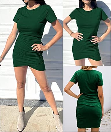 BTFBM Women's 2025 Summer Casual Beach Dresses Crew Neck Short Sleeve Wrap Party Club Mini Ruched Bodycon T Shirt Dress(Dark Green, Medium) - Image 4