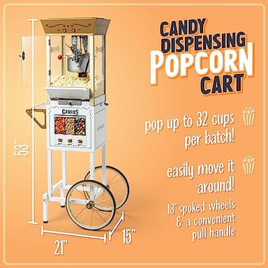 Vintage 8 Ounce Professional Popcorn and Dispensing Cart, Makes Up to 32 Cups, Three Storage Dispensers for Kernels, Candy, Nuts, Chocolate, Measuring Spoons and -Scoop Included - Image 2