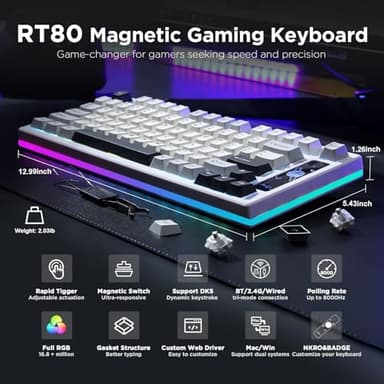 YUNZII RT80 Rapid Trigger Hall Effect Magnetic Gaming Keyboard, 8K Polling Rate, 75% Layout,BT/2.4GHz/Wired,RGB Backlit,Hot Swap,Adjustable Actuation Wireless for Win/Mac(White, Gateron White) - Image 2