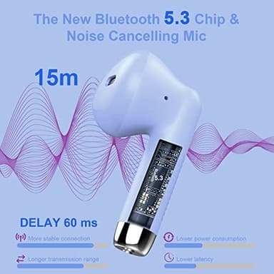 Jxrev Wireless Earbuds, Bluetooth 5.3 Headphones in Ear with Noise Cancelling Mic, Earbuds Stereo Bass, IP7 Waterproof Sports Earphones, 32H Playtime USB C Charging Ear Buds Purple for Android iOS - Image 2