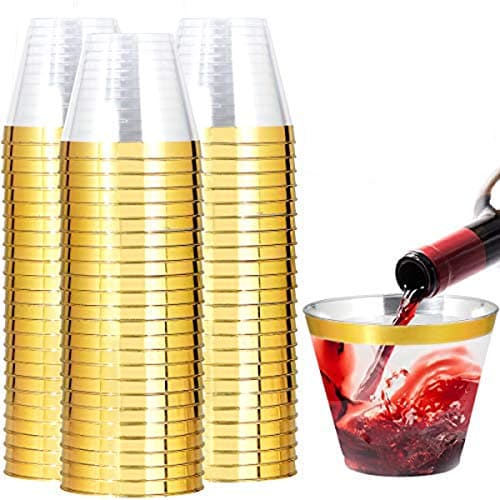 I00000 200 Pack Gold Plastic Cups, 9 Oz Elegant Clear Plastic Cups Gold Rimmed Disposable Wine Glasses Fancy Disposable Party Cup Wedding Cup Drinking Tumblers Cocktail Glasses Perfect for Party - Image 1
