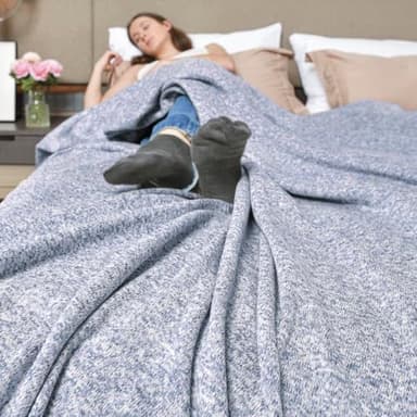 KAWAHOME Summer Sweatshirt Blanket Queen Size for Bed-Lightweight Breathable Blankets,Soft Thin Knit Jersey Blanket for Hot Sleepers,90 X 90 Inches, Heather Blue - Image 2