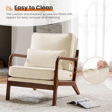 Sweetcrispy Accent Mid Century Modern Chair with Pillow, Upholstered Lounge Armchair, Linen Fabric Comfy Reading Chair with Wood Frame for Living Room, Bedroom, 1 Set, Beige - Image 6