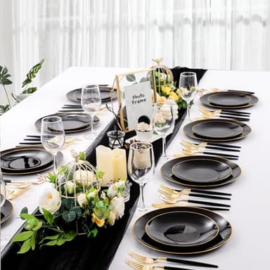 Nervure 100PCS Black and Gold Plastic Plates - 10.25 inch Black Disposable Plates - Gold Rim Dinner Plate - Black Dinner Plate Ideal for Wedding & Party & Halloween - Image 6