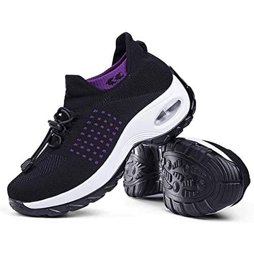 Women's Walking Shoes Sock Sneakers - Mesh Easy Lace Air Cushion Lady Girls Modern Jazz Dance Platform Nursing Shoes Purple&Black,6.5 - Image 1