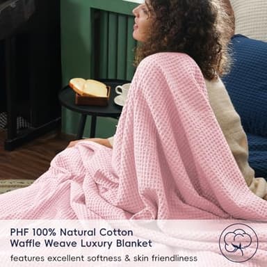 PHF Pre-Washed Cotton Waffle Weave Blanket King Size for Bed,Snag Proof Throw Blanket for Couch Spring Summer Lightweight Breathable,Oeko-TEX Certified,Machine Washable, Home Decor Gift，Pink - Image 2