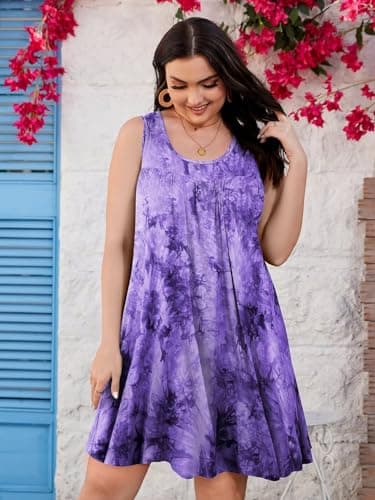 BELAROI Women Plus Size Summer Dresses Beach Sundress Casual Swing Scoop Neck Pleated Sleeveless Tshirt Tank Dress Tie Dye Swimsuit Cover Ups with Pockets(2X, B-Purple) - Image 3