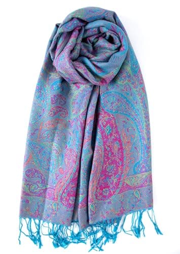 Achillea Soft Silky Reversible Paisley Pashmina Shawl Wrap Scarf w/Fringes (Tapestry Turquoise) - Image 1