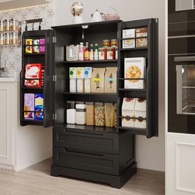 Gizoon Kitchen Pantry Storage Cabinet with Drawers Freestanding Bathroom Storage Cabinets with Doors and Shelves, 47" Small Food Pantry Cabinet for Dining Room Craft Room, Black - Image 2