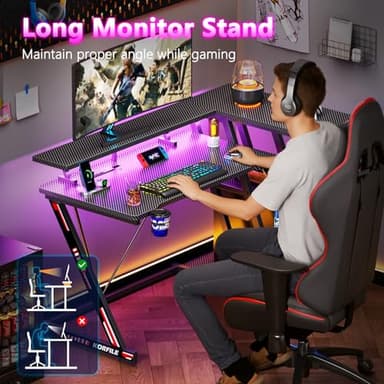 Korfile 40 Inch Gaming Desk with Power Outlet & LED Lights, L Shaped Computer Gaming Table with 3 Tiers Storage Shelves, Corner Gamer Desk with Monitor Stand for Small Space, Carbon Fiber Black - Image 7