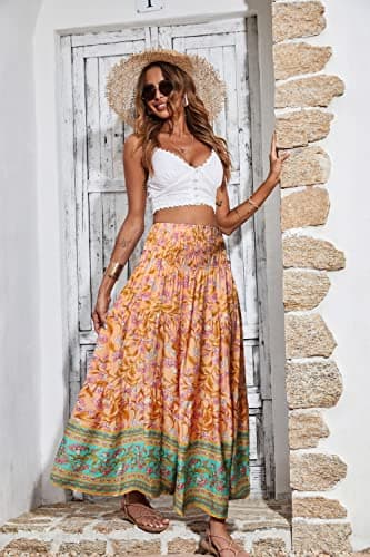CFLONGE Women's 2025 Bohemian Long Skirts Flowy High Waist A Line Maxi Skirts for Women Summer(Pink,Medium) - Image 3