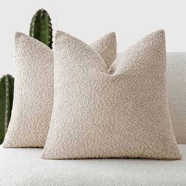 Foindtower Pack of 2, 20 x 20 Inch, Decorative Textured Boucle Throw Pillow Covers Accent Solid Pillow Cases Cozy Soft Couch Cushion Case for Chair Sofa Bedroom Living Room Home Decor, Oatmeal - Image 1