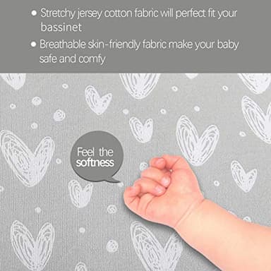 Bassinet Sheets Compatible with AirClub, GoFirst and MiClassic Bassinet Bedside Sleeper, 2 Pack,100% Jersey Knit Cotton Fitted Sheets, Mild Grey Hearts and White Stars Print - Image 6