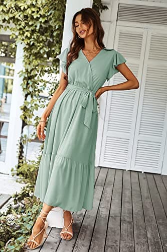 PRETTYGARDEN Women's Summer Floral Boho Dress Wrap V Neck Short Sleeve Ruffle A-Line Flowy Maxi Wedding Guest Dresses (Solid Green,Large) - Image 8
