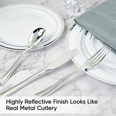 FOCUSLINE 300 Pack Silver Plastic Cutlery Set - 100 Forks, 100 Knives, 100 Spoons - Disposable Flatware Heavy Duty Plastic Silverware Set for Catering, Parties, Dinners, Weddings - Image 5