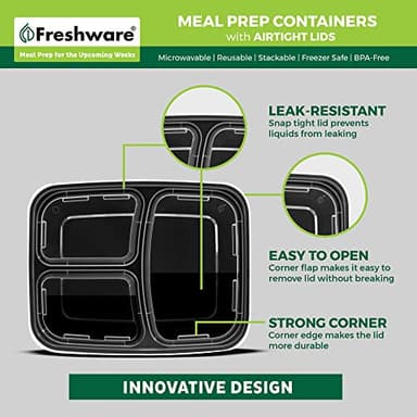 Freshware Meal Prep Containers [50 Pack] 3 Compartment Food Storage Containers with Lids, Bento Box, BPA Free, Stackable, Microwave/Dishwasher/Freezer Safe (24 oz) - Image 5