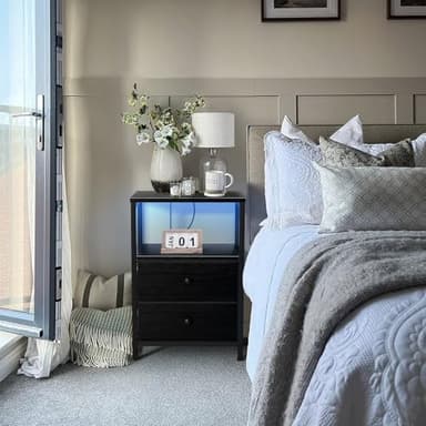 BOLUO Black Nightstand with Charging Station, LED Night Stand with 2 Fabric Drawers, Bedside Table with USB Ports and Outlets, Nightstand for Bedroom Modern - Image 7