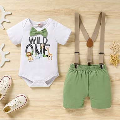 GRNSHTS Baby Boys 1st Birthday Cake Smash Outfit Wild One Bowtie Romper+Bloomers+Suspenders Photo Shoot Clothes Set (Light Green, 9-12 Months) - Image 7