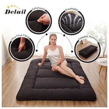 Zelladorra Japanese Floor Mattress, Futon Mattress with Portable Storage Bag and Washable Cover, Roll Up Thick Tatami Mat Suitable for Camping, Guest Room, Black, Full - Image 4