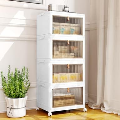 4 Tier Storage Bins with Lids, 23QT Stackable Closet Organizers and Storage with Wheels, Collapsible Storage Boxes, Foldable Plastic Storage Containers for Home,Office, Dorm Room-White - Image 7