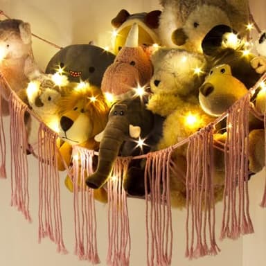 Stuffed Animal Hammock Corner Net with LED Light - Toy Storage Holder - Pink Cute Room Bedroom Decor for Teen Girls - Cute Bedroom Aesthetic Stuff for Baby Nursery Toddler Kids 8-10 - 12 Years Old - Image 4