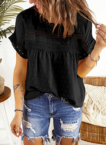 Dokotoo Summer Tops for Women Cute Lace Crochet Crewneck Short Sleeve Blouses Pom Pom Chiffon Babydoll Shirts for Women Teen Girls Casual Holiday Boho Clothing M Black - Image 5
