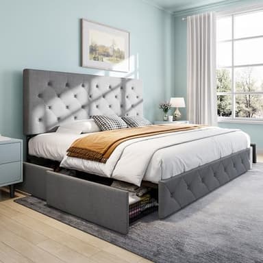 SHA CERLIN Upholstered King Size Platform Bed Frame with 4 Storage Drawers, Adjustable Headboard with Diamond Stitched Button Tufted Design, Wooden Slat Support, No Box Spring Needed, Light Grey - Image 8