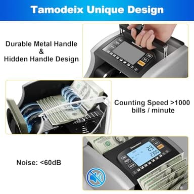 Tamodeix Money Counter Machine Dollar, Euro, MXN(Plastic Bills) Bill Counter(Can't Count Mixed denominations), UV/MG/IR/DD/DBL/HLF/CHN Counterfeit Detection Money Counter with LCD Display - Image 7