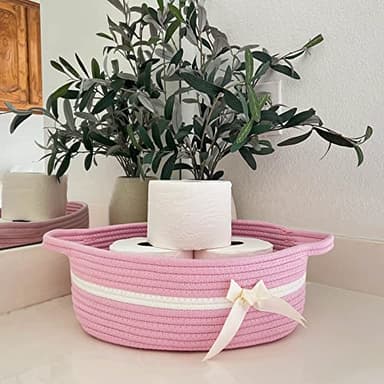 CHICVITA Pink Baby Girl Gift Basket, Small Woven Rope Basket, Rectangle Shelf Baskets for Bathroom, Cute Nursery Storage Baskets for Toys, Diapers, Towels, Snacks, 13 x 9.8 x 5 inches - Image 3