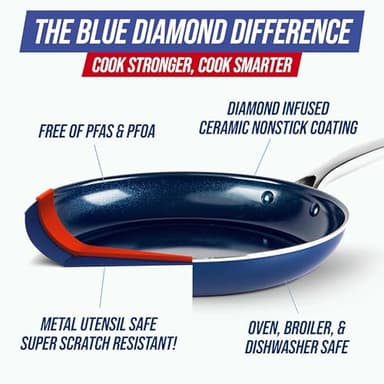Blue Diamond 11 Piece Cookware Set, Diamond Infused PFAS & PFOA-Free Ceramic Nonstick Pots and Pans, Durable Nontoxic Metal Utensil Safe & Scratch Resistant, Dishwasher & Oven Safe, Blue - Image 4