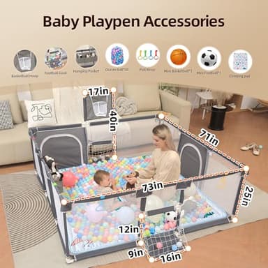 Playpen for Babies and Toddlers,73"x71"Baby Playpen with Mat Indoor＆Outdoor with Breathable Play Pen with Ocean Balls Hanging Pocket Basketball Hoop and Football Goal (Grey with Mat, 73"x71") - Image 3